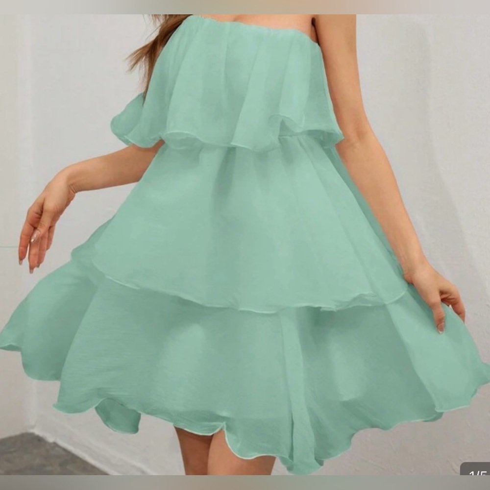 Fashion Nova Mint Green Tiered Strapless Romper, Medium